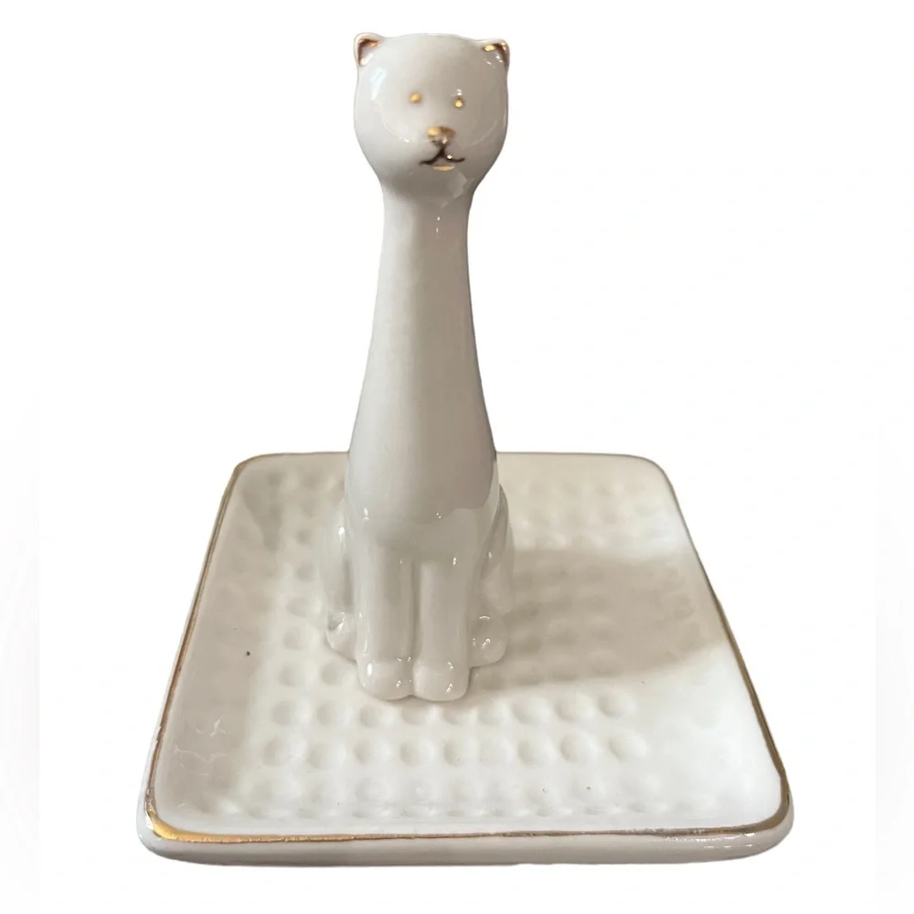 Whimsical Kitty Cat Trinket Tray White Ceramic Gold Accented